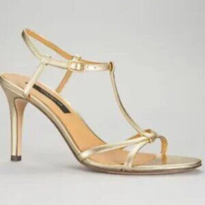 Ann Taylor Metallic Gold Thin Strappy T-Strap Buckle Stiletto Heeled Sandals